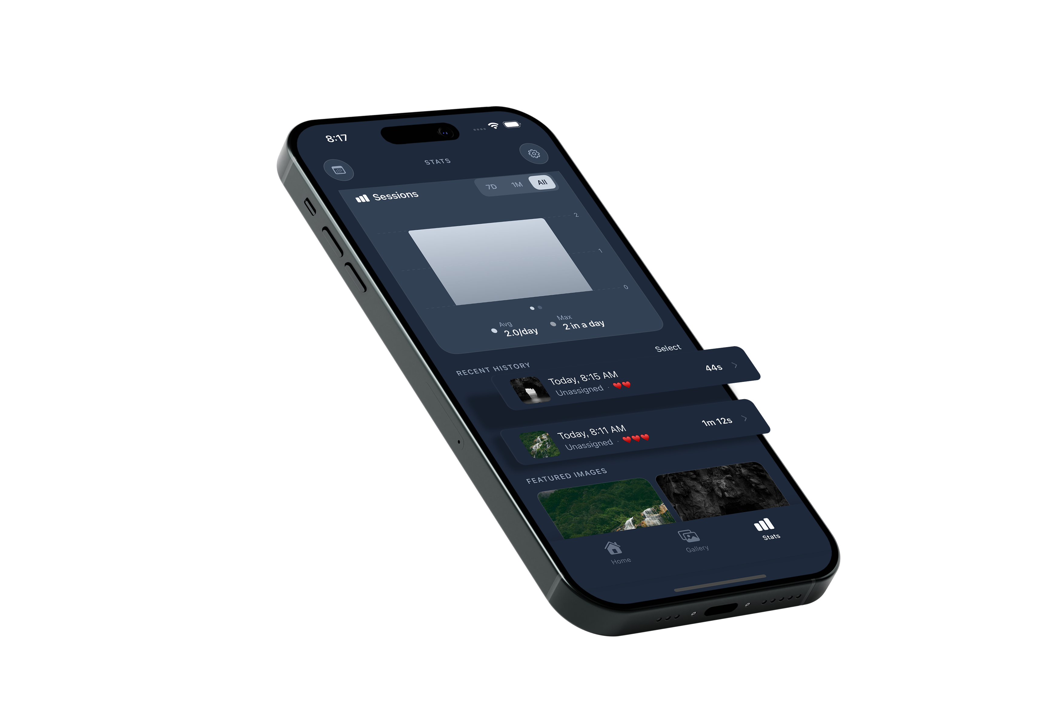 Stats screen showing session history, frequency, and trends